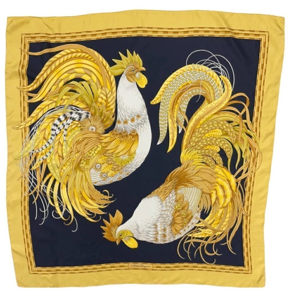 Vintage 90’s Salvatore Ferragamo Black & Gold Rooster Chicken Silk Scarf